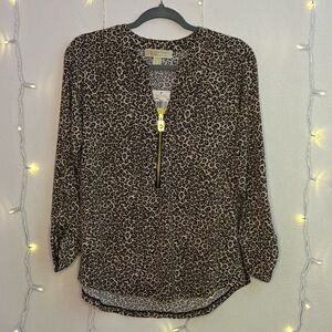 💜🤩 Michale Kors Leopard Print 3/4 Zip Long Sleeve Blouse💜🤩